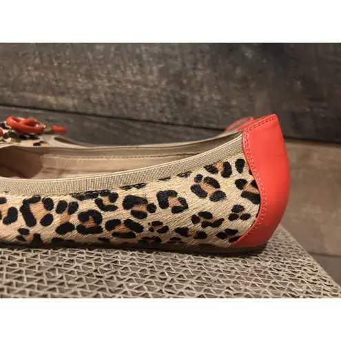 Sole Society Sole Society Ladies Orange & Leopard Print Peep Toe Flats Bow Accent Size 7B