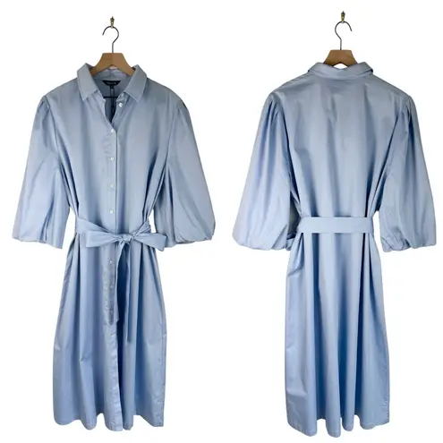 Misook Puff Sleeve Belted Button Up Midi Shirt Dress Blue Sz XL NWT