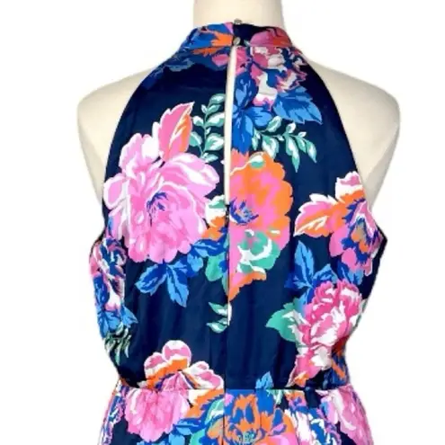 Julia Jordan New Dress Halter Neck Wrap Blue Pink Floral Satin Women’s Size 16