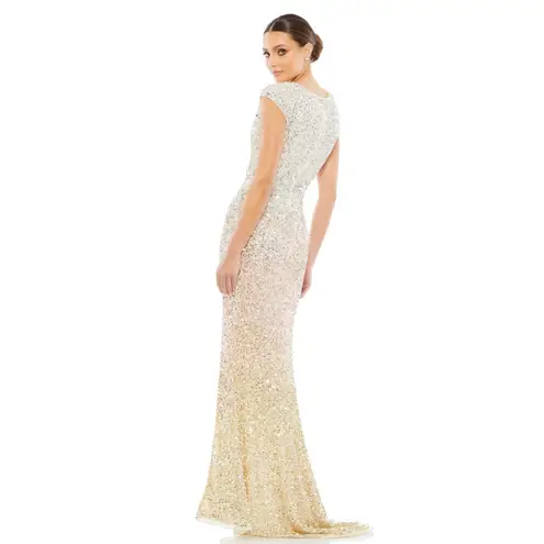 Mac Duggal 5489 Cap Sleeve Sequined High Slit Maxi Gown- NWT