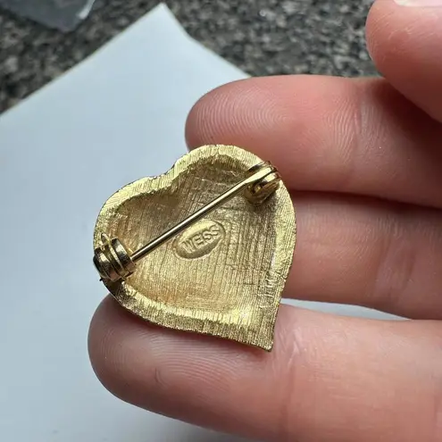 Vintage Weiss Blue Aurora Borealis Rhinestone Heart Gold Tone Brooch Pin Signed