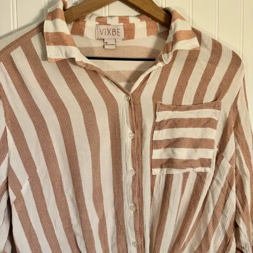 VIXBE Striped Dusty Pink/White Tie Front Button Up Cropped Shirt Size Medium Pink