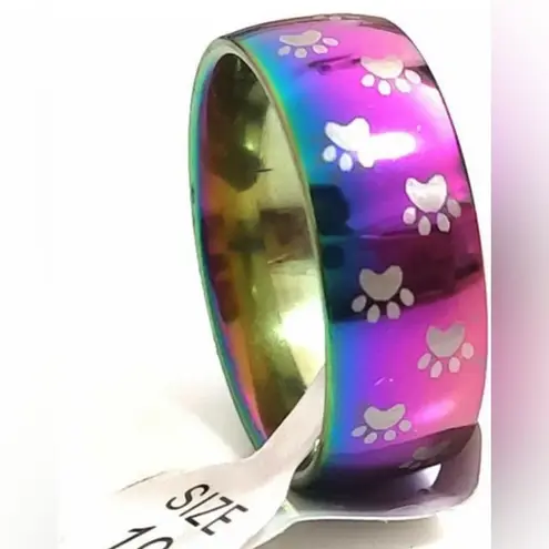 Multicolored Animal Paw print Retro Stainless Steel Metallic Ring Size US 7 NEW Purple