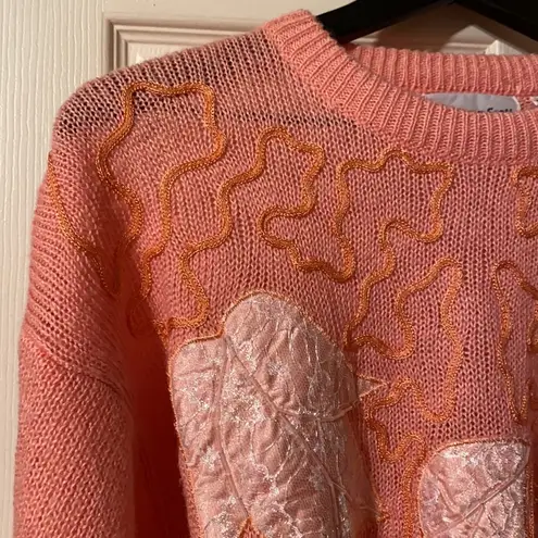 90s vintage Dana Scott coral lace beaded leaf motif sweater, size medium