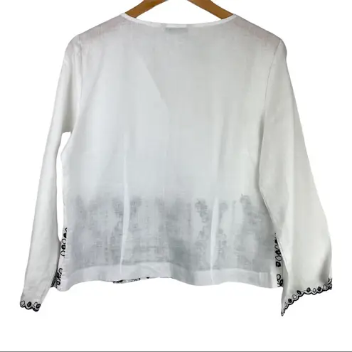 Tweeds Linen White Eyelet Blouse Top Sz Medium Boho Coastal Grandma