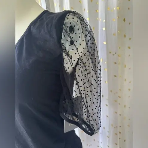 Lark + Grey NWT Women's V Neck Puff Mesh Polka Dot Sleeves Bodysuit L XL Black Size L