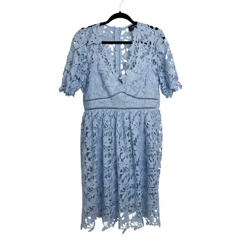 Bardot Ricko Lace Dress Womens US 12 Pastel Blue Midi Cocktail V Neck