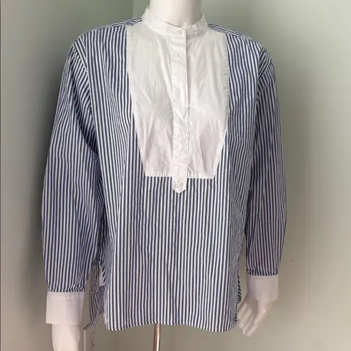 Spanx  Poplin Tuxedo Button Front Shirt Blue and White Striped Blouse Small thumbnail 5