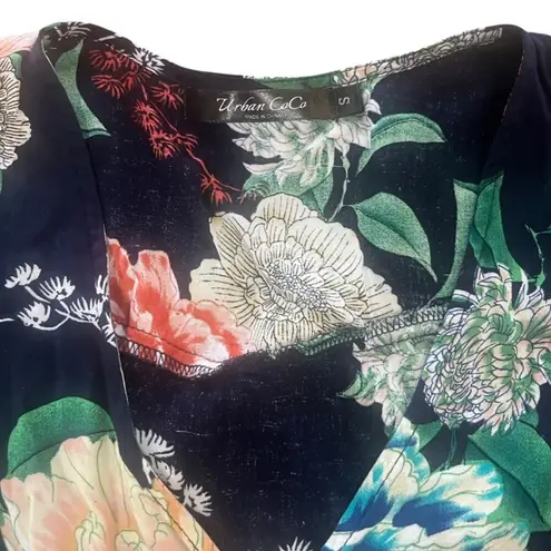 Floral Maxi Women Size Small V Neck Short Sleeve Smock Waist Spring Boho Prairie Blue