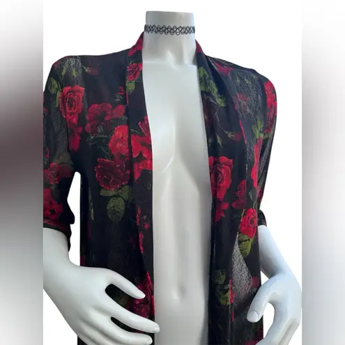 Ember Floral Rose Open Front Sheer Mesh Kimono Cardigan Size M Black Size M
