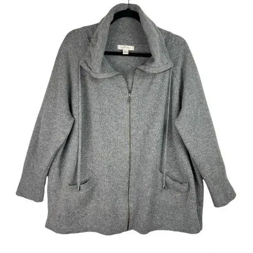 Ellen Tracy 100% Wool Cowl Neck Zip Sweater Jacket Sz XL Grey