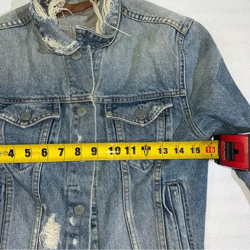 GRLFRND Cara Blue Denim Jacket Size XS Distressed USA Designer Raw Hem