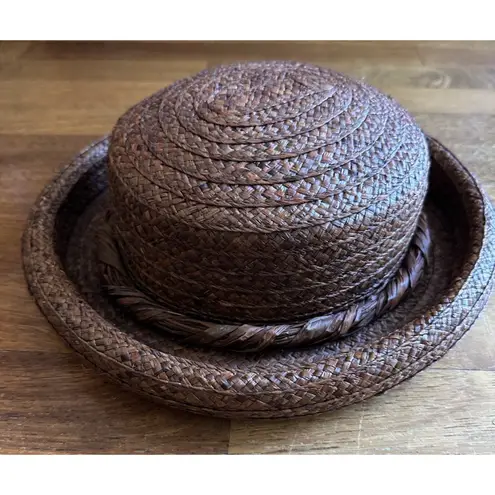 Women's Brown Raffia (?) Bowler Hat Rolled Brim Vintage Liz Claiborne 12” X 10”