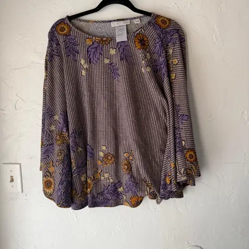 The Muses Lounge Purple Floral Stripe Knit Tunic Top Womens XL Flare Sleeve Boho