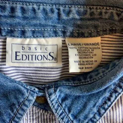basic editions 90s Embroidered Farm Denim Collar Blue White Button-down Size L