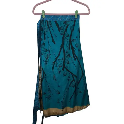 Wevez Blue Gold Double Wrap Skirt Sari L OS Silk Reversible India Midi Maxi Long Size undefined