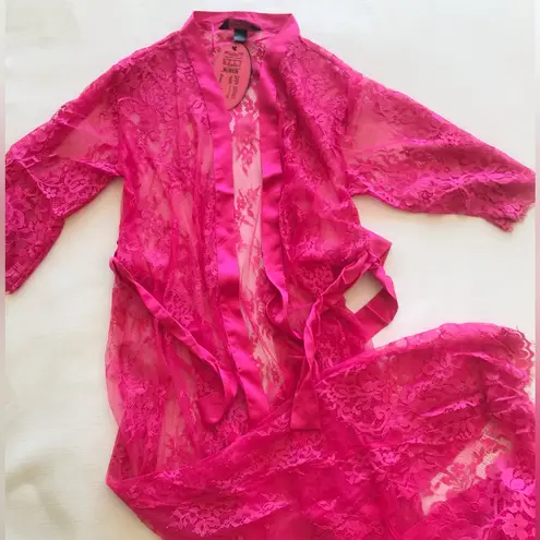 Hunkemoller Pink Peacock Lace Long Kimono Robe, NWT Size L