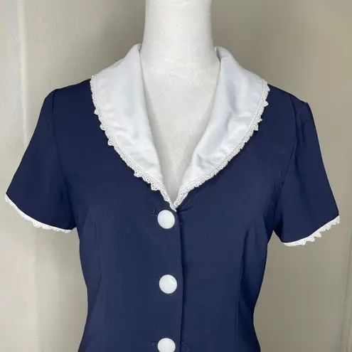 Cider Navy Blue White Lace Trim Collar Button Down Mini Dress Dark Academia