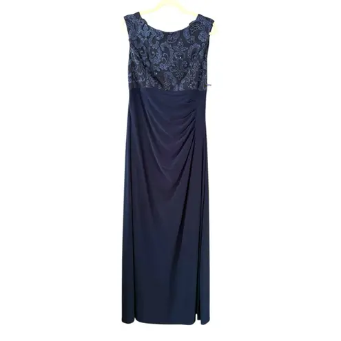 Alex Evenings Matte Jersey Empire Sequin Lace Bodice Cowl Back Navy Maxi Dress - Image 4