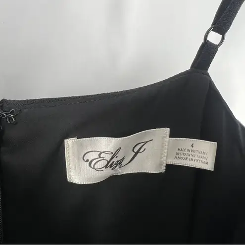 Eliza J Black Crepe V-Neck Midi Dress Spaghetti Straps Front Slit Empire Waist 4