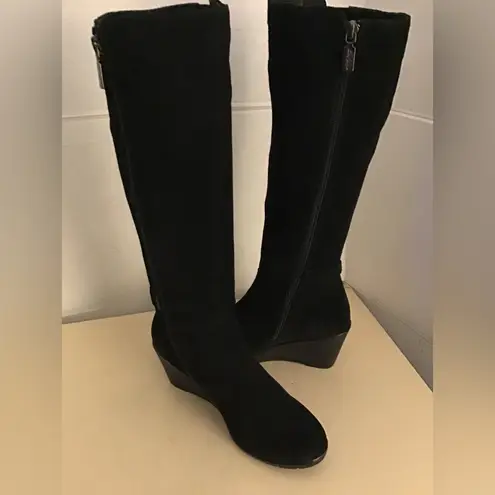 AQUA  College women black suede waterproof tall knee high wedge boots Size 7.5
