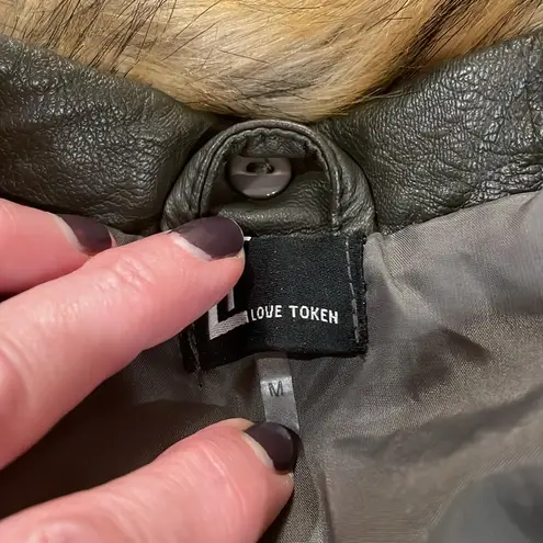 Love Token olive green vegan leather with faux fur removable collar moto jacket Size M
