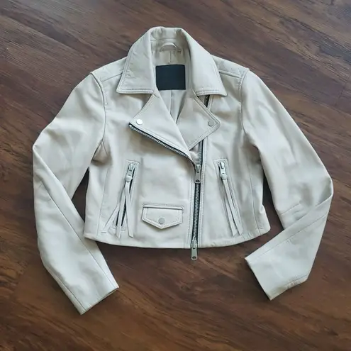 All Saints Pale Pink Cream Leather Chic Edgy Feminine Cropped Elora Biker Size 6