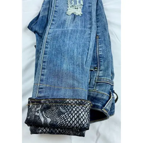 L&B Lucky & Blessed Distressed Skinny Jeans Snakeskin Accent Women Size 4 Blue