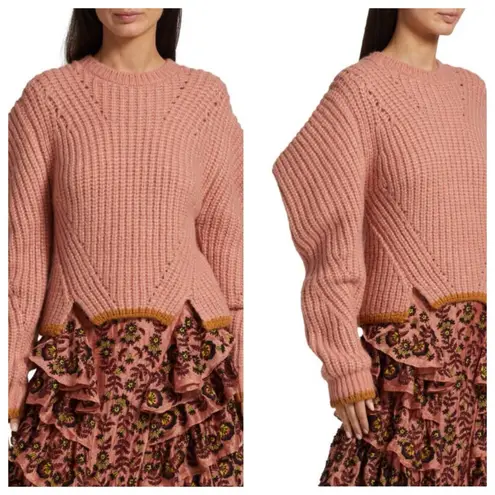 Ulla Johnson Lorena Rosewood Chunky Alpaca Knit Sweater Pink Trim XS Rare