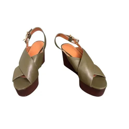 Marni Green Leather Crisscross Wedges Platform With Buckle Sandal Size 39