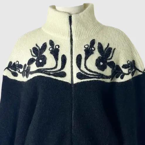 VTG 90s I.B. Diffusion Black Cream Floral Wool Blend Zip Sweater Jacket Small