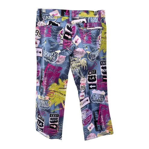 DKNY Jeans Y2K Map Print Pants Women 7 Low Rise Cropped Flare 2000s Streetwear Blue Size undefined