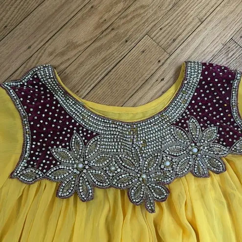Yellow Chiffon Indian Anarkali Dress Red Velvet Trim Beaded M Size M