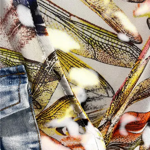 Pastels Clothing Multicolor Feather Blouse with Denim Details Small Red