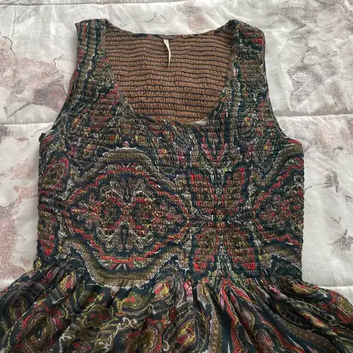 Free People  brown floral smocked fit & flare lined blouse, size XS bohemian