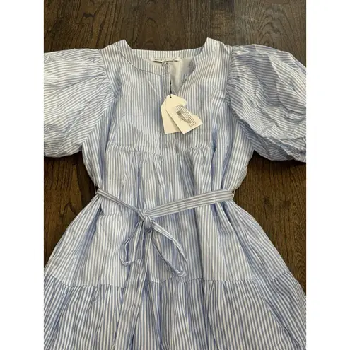 English Factory PUFF SLEEVE MIDI DRESS Size Medium Tiered Blue Stripe Belted
