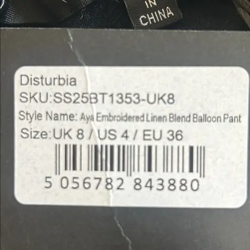 Disturbia Aya Embroidered Linen Blend Balloon Pants Size 4 NWT Black