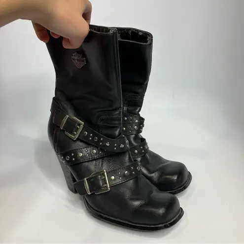 Harley Davidson obsession harness boots black leather buckles heels womens 8