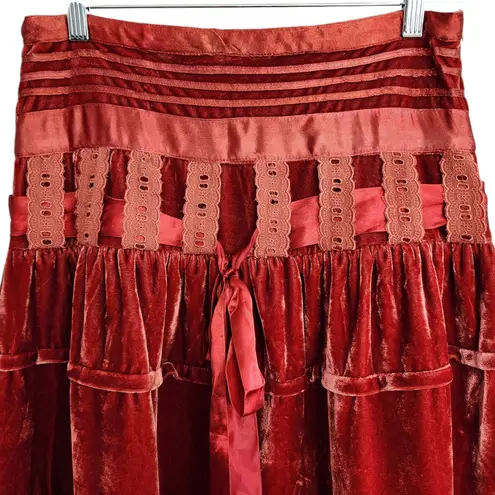 American Vintage Vintage AZ Well Red Velvet Tiered High Waisted Midi Skirt S