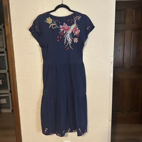 Johnny Was Jessica Tiered Bird Floral Embroidered Midi Dress In Deep Navy Small