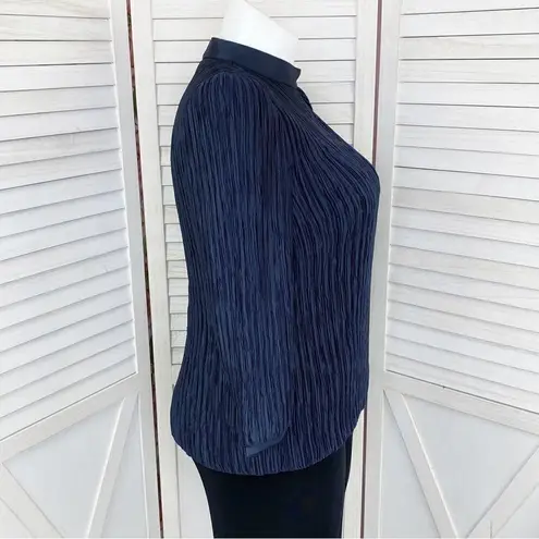 Vintage Pierre Labiche Plisse Satin Scrunch Pleated Puff Sleeve Blouse Blue 16 Blue