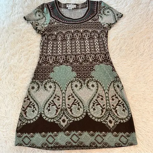 Papillon Boho Paisley Knit Brown Teal Floral Sweater Dress Eclectic Grandpa M Size M