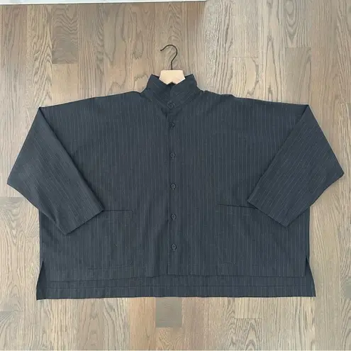 Eskandar Pinstripe Stand Collar Boxy Button Front Wool Cashmere Top Grey 1 / Med White