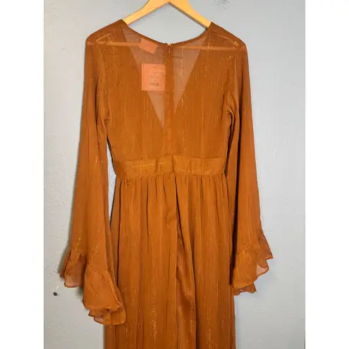 NWT Showpo Dangerous Woman Rust Metallic Maxi Dress Bell Sleeve Size 6 Romantic Brown