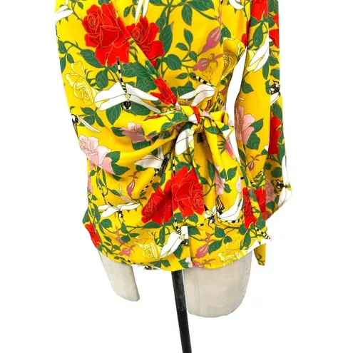 Betabrand Perfect Blouse Wrap Top in Dragonfly Floral Print Yellow Size Medium