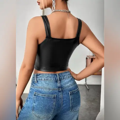 NEW Black Faux Leather Zip Up Front Crop Tank Top Size Large