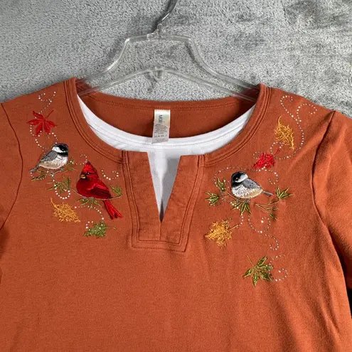 Morning Sun Top Birds Embroidered Fall Layer Tunic Autumn Pullover Orange Small Orange