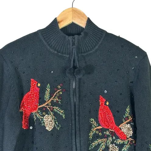 Tiara International Cardinal Bird Knit Jacket Womens M Black Zip Beaded Holiday