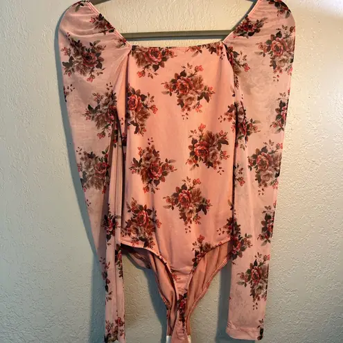 Rue 21  Pink Ruched Puff Sleeve Bodysuit SZ S Floral Print Y2K Long Sleeve Top