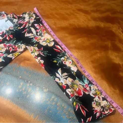 Roxy New  Black Red Floral Blouse tie front size small long sleeve